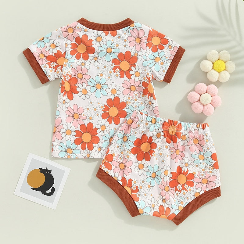 Summer Sunflower Baby Outfits - Short Sleeve T-shirts with Drawstring Shorts for Boys and Girls
