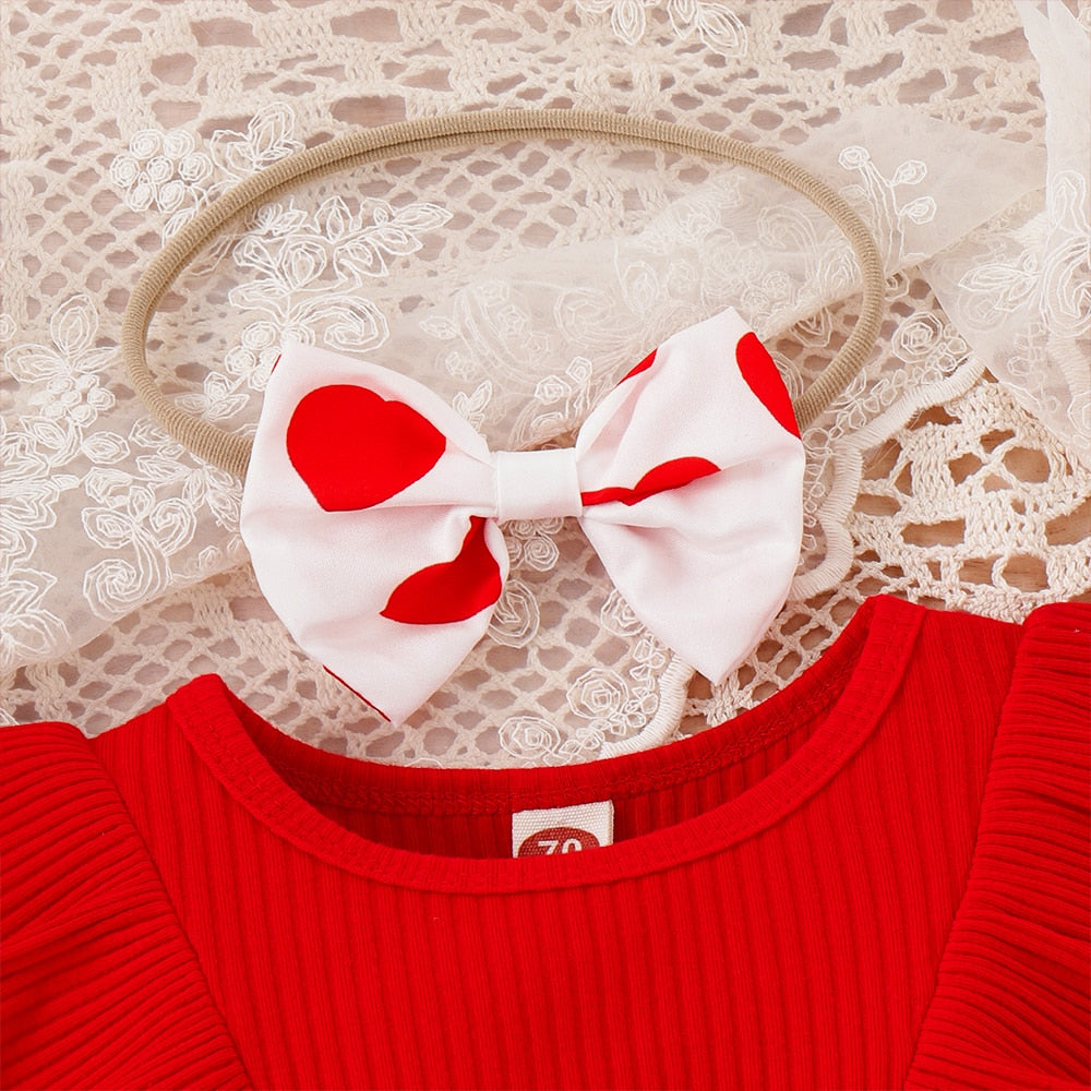 Adorable 3Pcs Baby Girl Spring Outfit - Long Sleeve Romper Dress + Headband Set