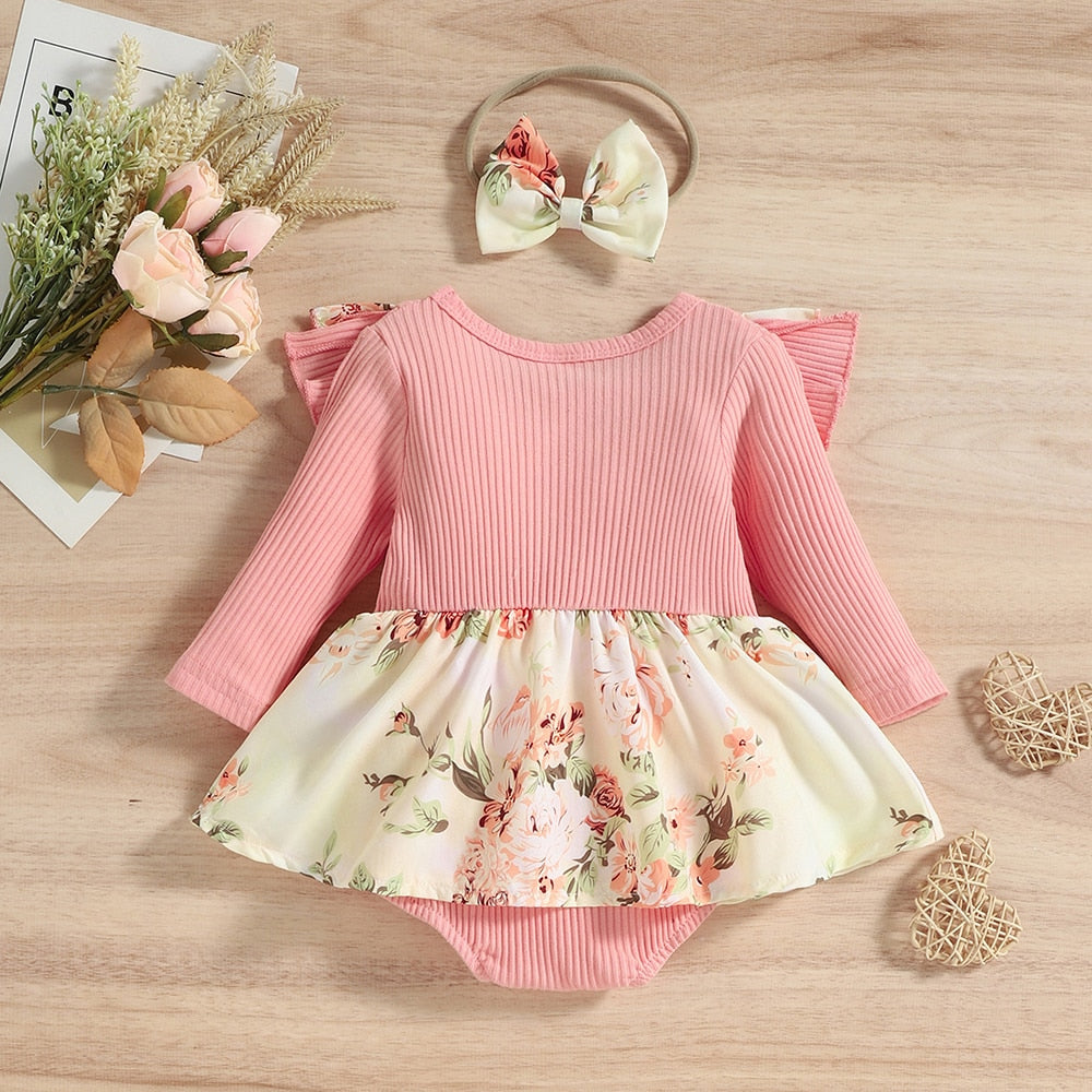 Charming Baby Girl Rompers - Cotton Long Sleeve Dress with Floral Headband