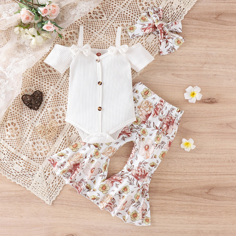 Summer Newborn Baby Girl Clothes Set Short Sleeve Offensive Romper Tops Floral Print Shorts Headband Infant 3Pcs Outfits Costume