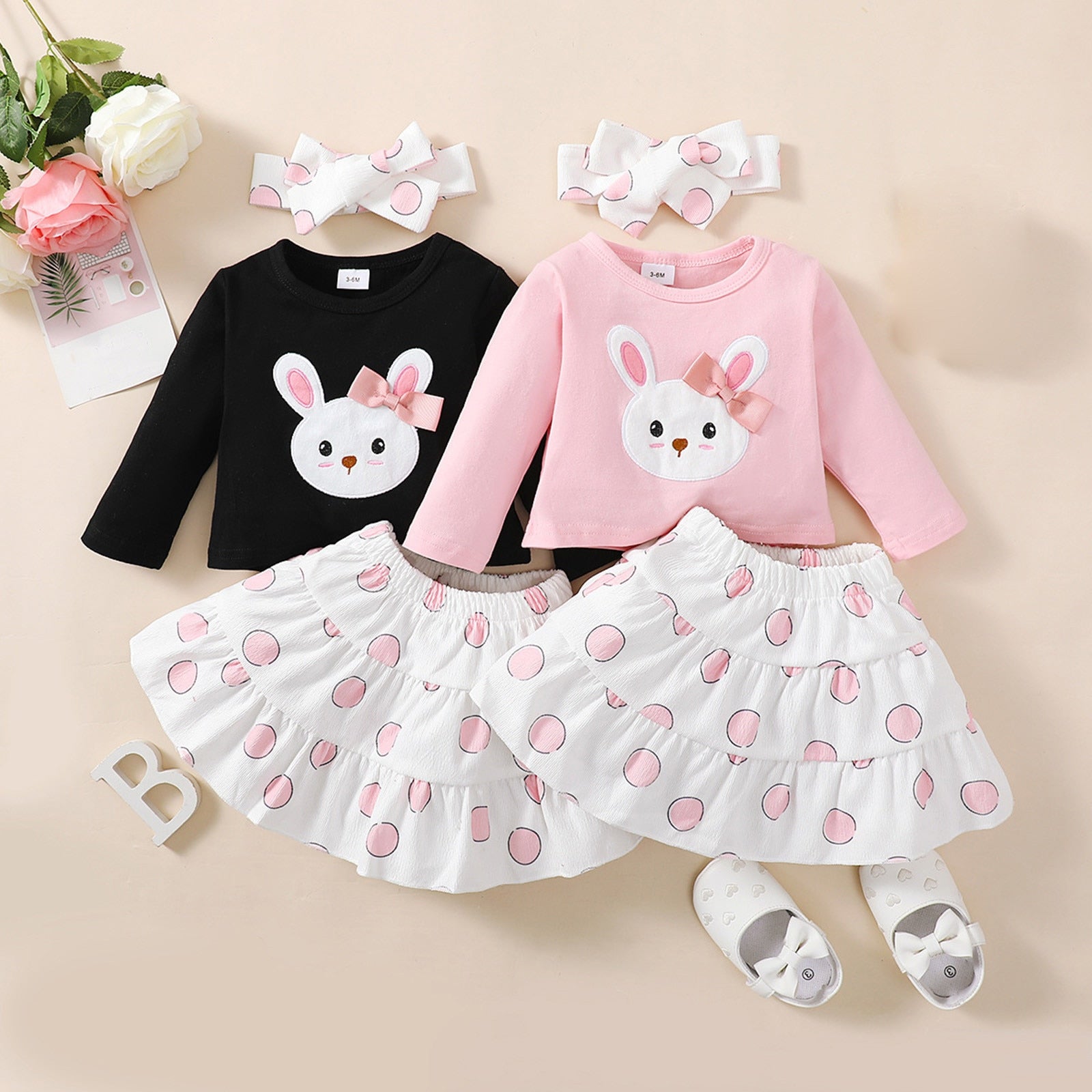 Easter Baby Girls Clothes Sets: Bunny Bow T-shirt, Dot Ruffle Skirt, and Headband Sets for Newborns and Toddlers