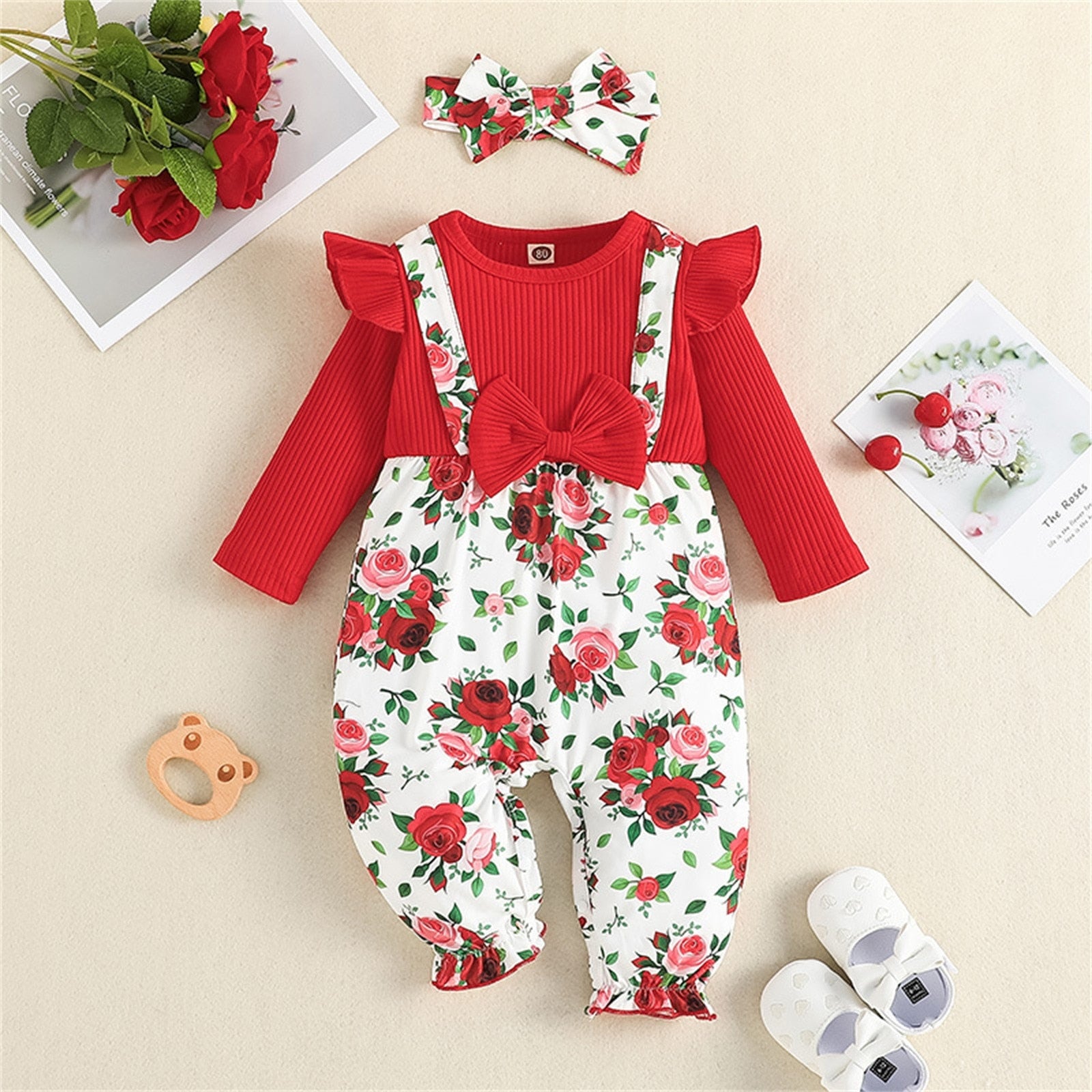 Floral Print Infant Newborn Romper with Ruffle Long Sleeves and Headwear for Spring and Autumn Outfits
