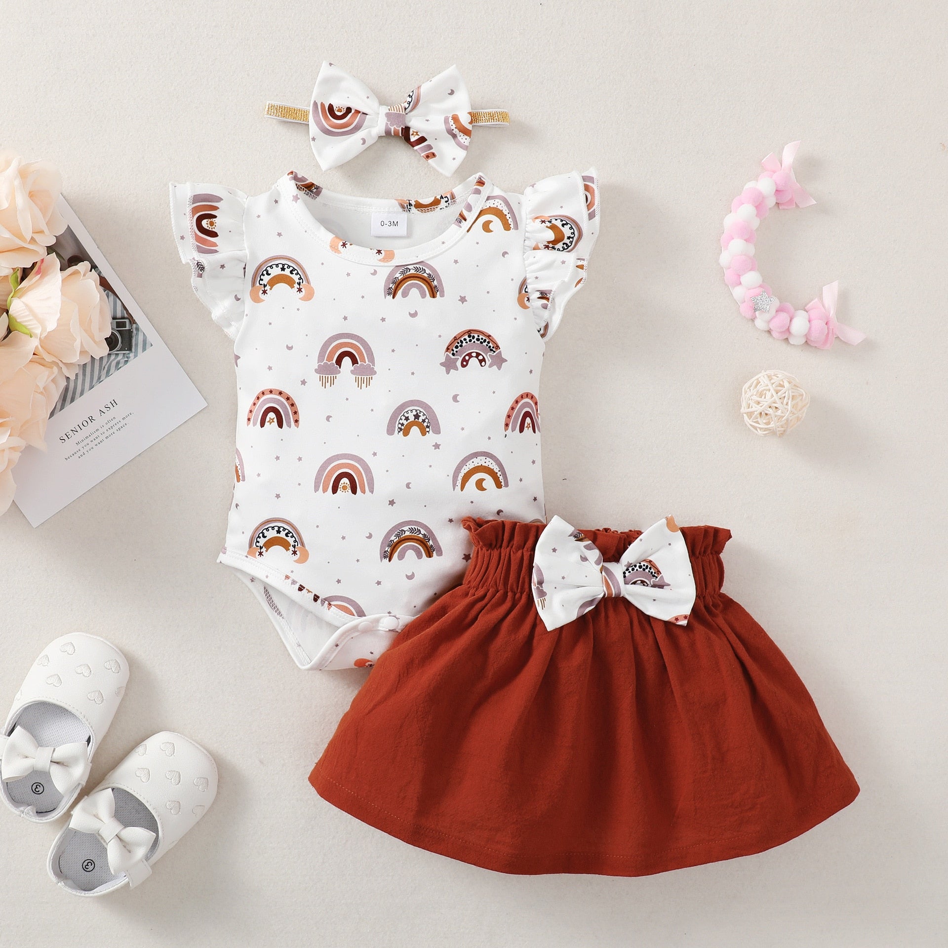 Newborn Baby Clothes Summer Sets For Girls Lace Sleeve Romper+Bow Skirts 3pcs Toddler Girls Outfits Suit