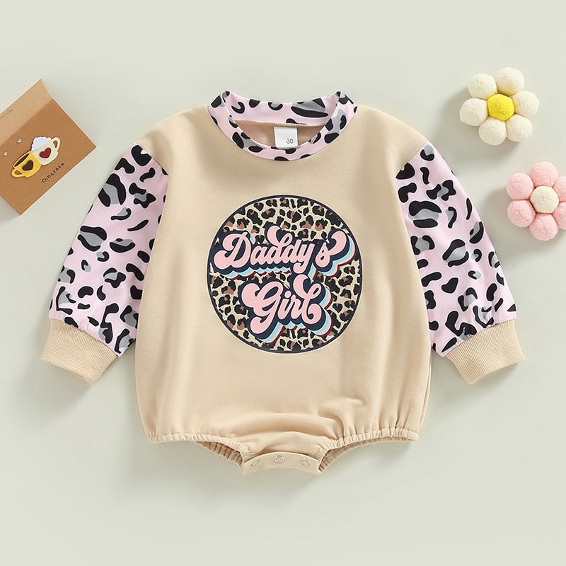 Fashionable Leopard Patchwork Sweatshirts Jumpsuits for Newborn Baby Girls