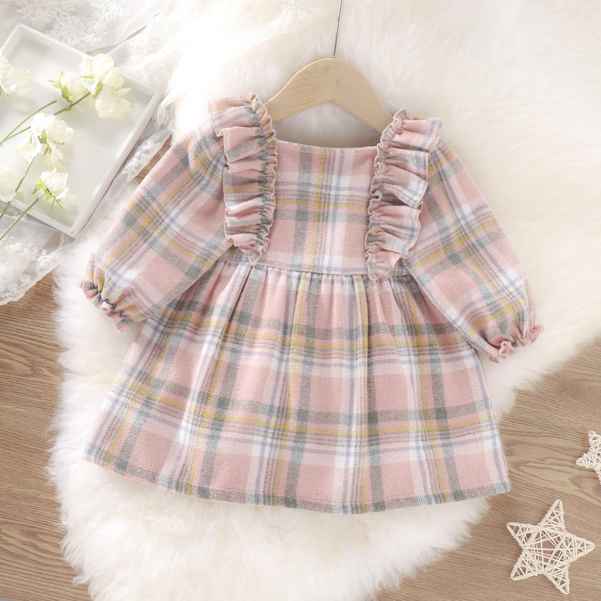 Trendy Plaid Ruffled Long Sleeved Girls Autumn Dress