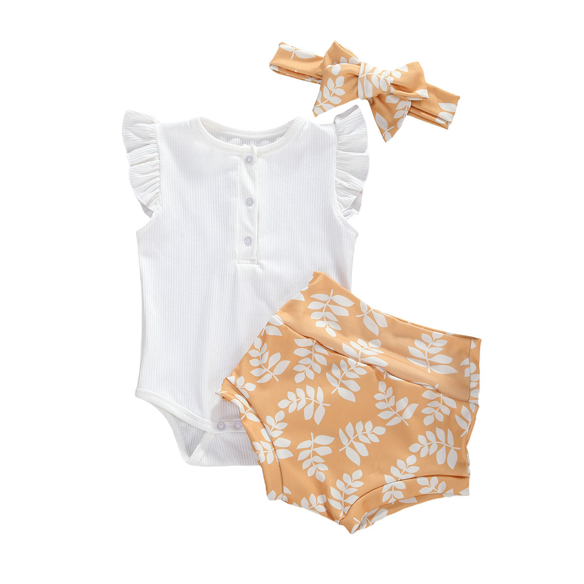 Infant And Toddler Suits Baby Girl Dark Button White Top Printed Shorts Suit Thre-piece Set - BabbeZz