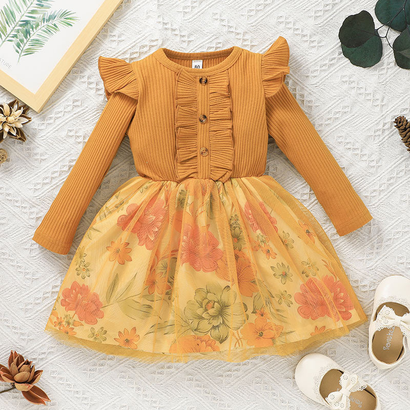 Adorable Spring and Autumn Baby Cute Mesh Skirt with Pit Strip Long Sleeves for Girls