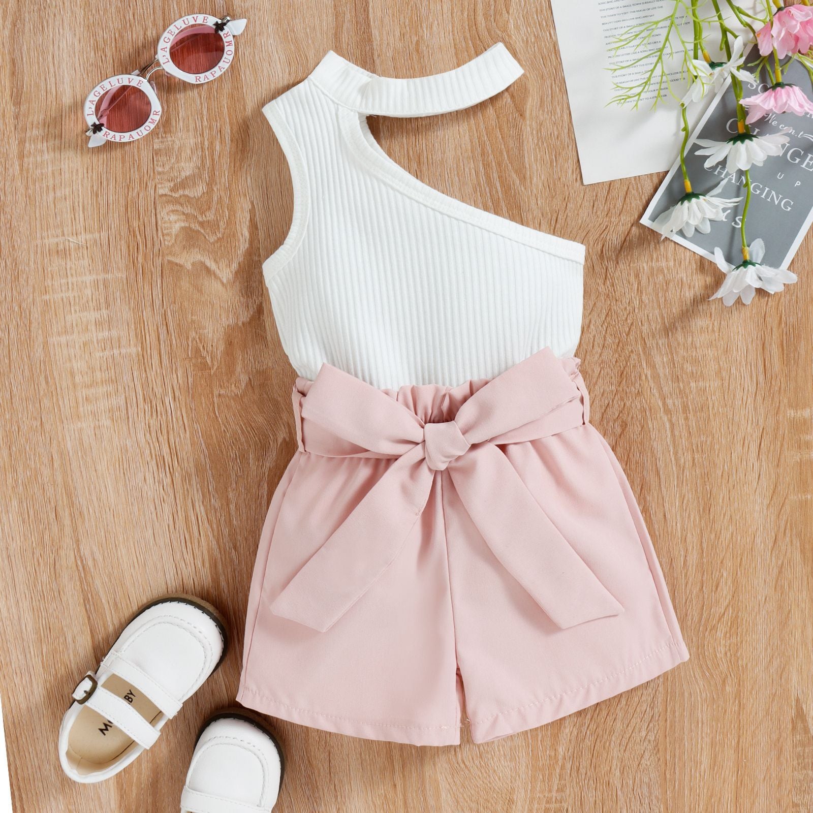 Sleeveless Slanted Shoulder Bow Shorts Girls Suit - BabbeZz