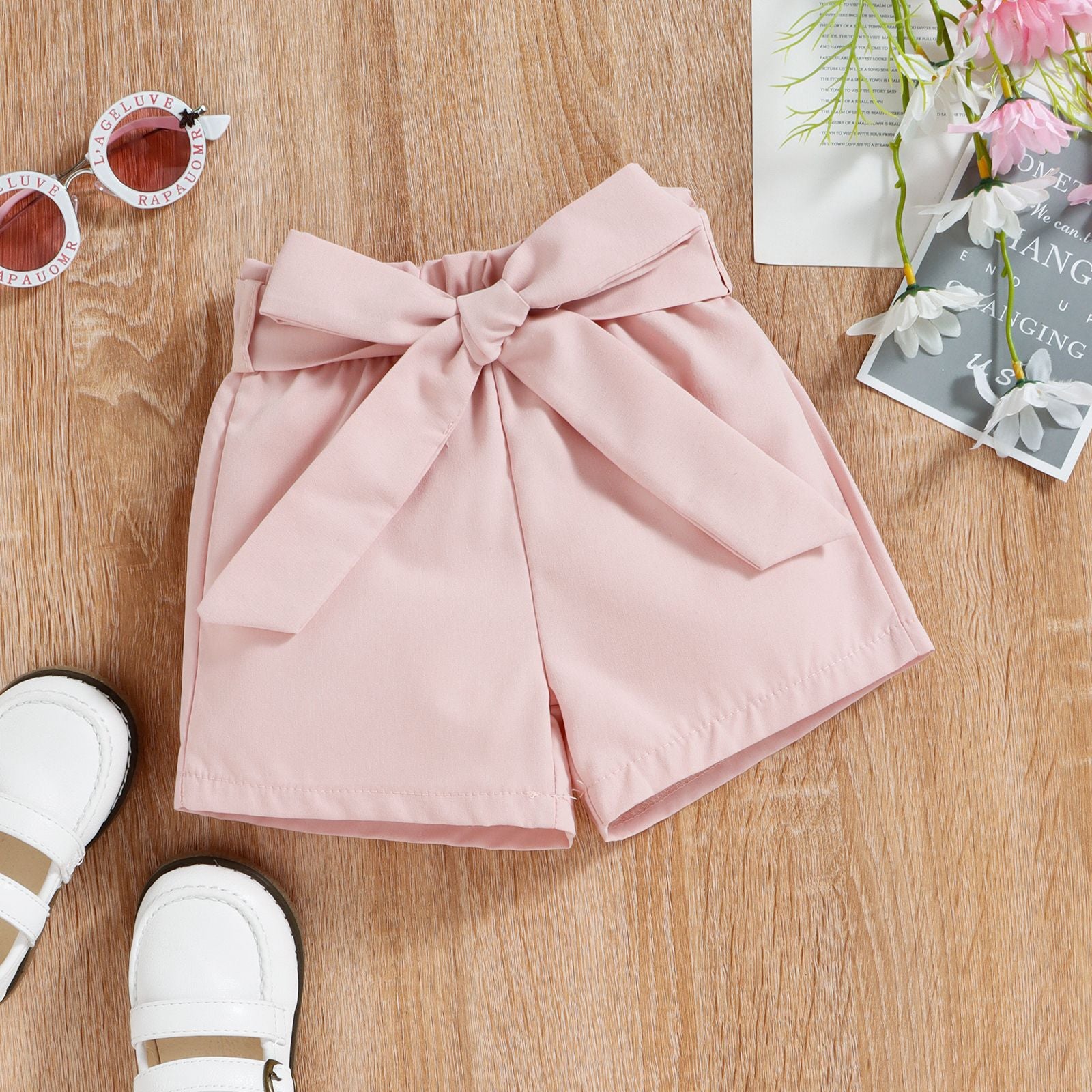 Sleeveless Slanted Shoulder Bow Shorts Girls Suit - BabbeZz