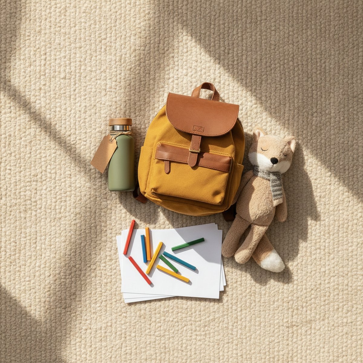 Flat-lay of a small toddler backpack, a labeled water bottle, a soft stuffed animal, and crayons with paper on a cozy neutral surface in soft morning light.