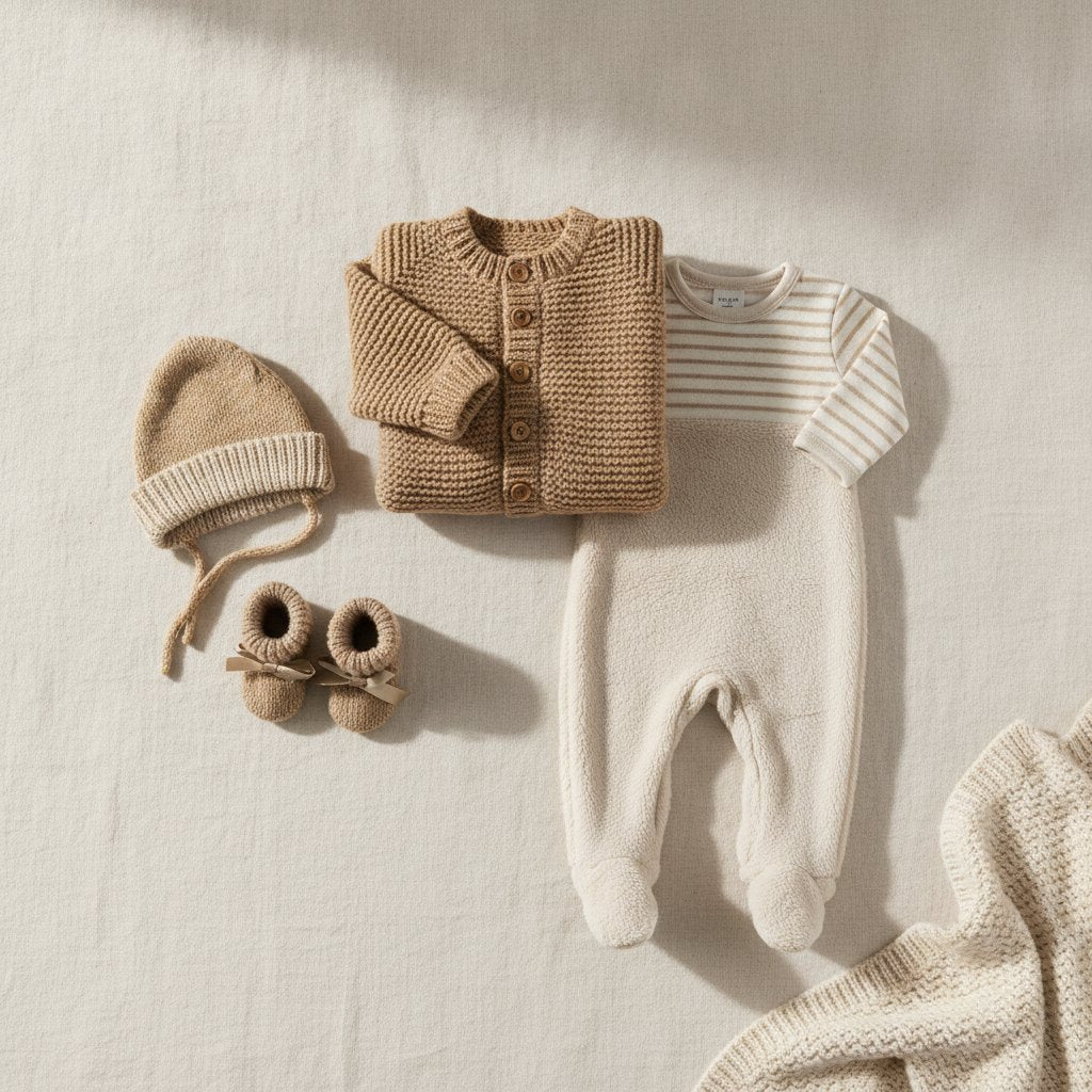 Flat-lay of cozy baby winter clothing: knit cardigan, striped bodysuit, fleece footed one-piece, booties, and bonnet