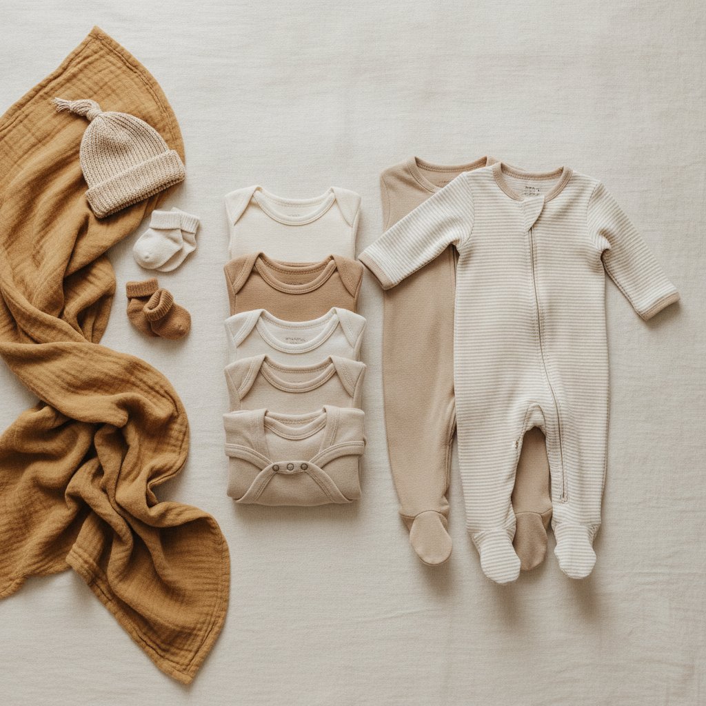 Flat-lay of newborn clothing essentials: folded bodysuits, zip sleepers, swaddle, hat, and socks