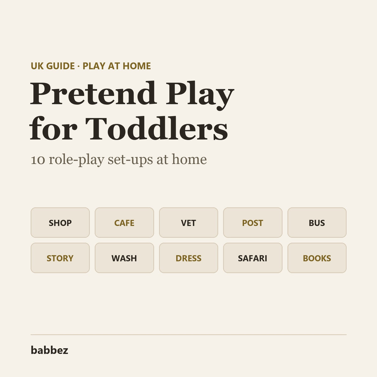 Cream card reading Pretend Play for Toddlers, 10 role-play set-ups at home, above ten scene tiles and the babbez logo