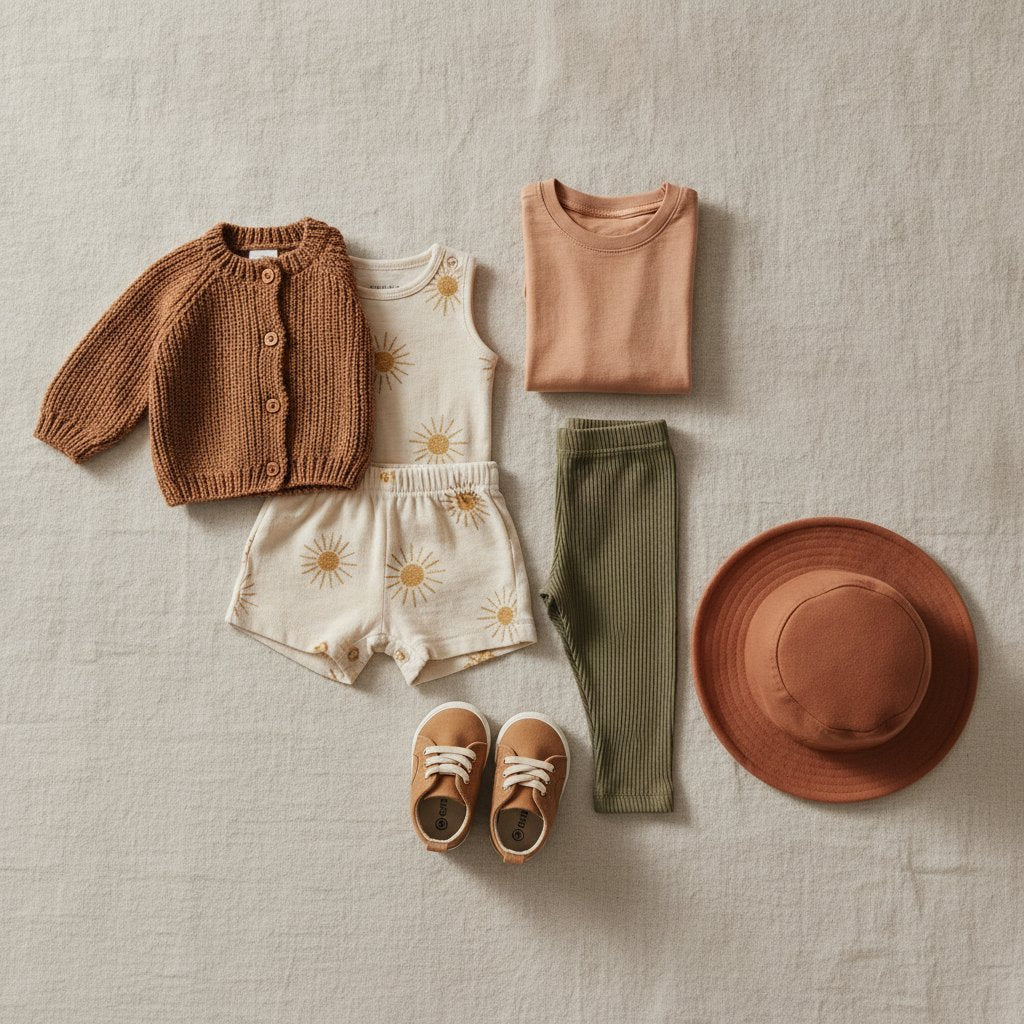 Flat-lay of toddler clothing: knit cardigan, sun-print set, tee, leggings, sneakers, and sun hat