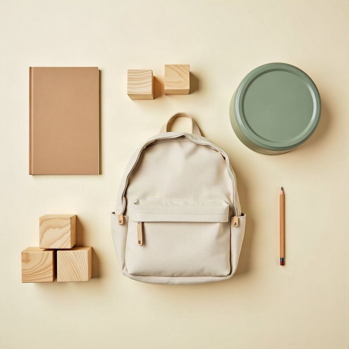 Cream canvas toddler backpack laid flat with a kraft notebook, a pencil, a round sage lunch container and five wooden blocks