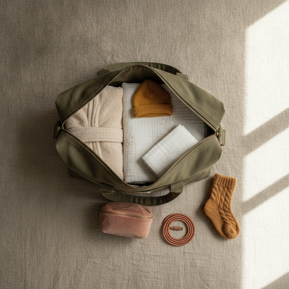 A neatly packed open overnight bag on a soft neutral surface with a folded robe, a toiletries pouch, a swaddle, a tiny newborn outfit, warm socks, and a coiled phone charger.