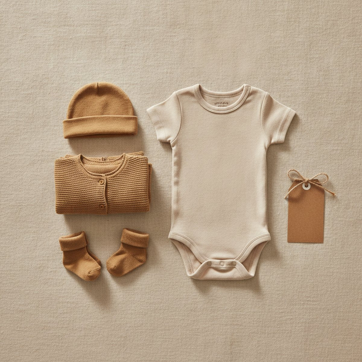 Folded baby clothing basics on linen - Babbez Baby Clothes Price Index