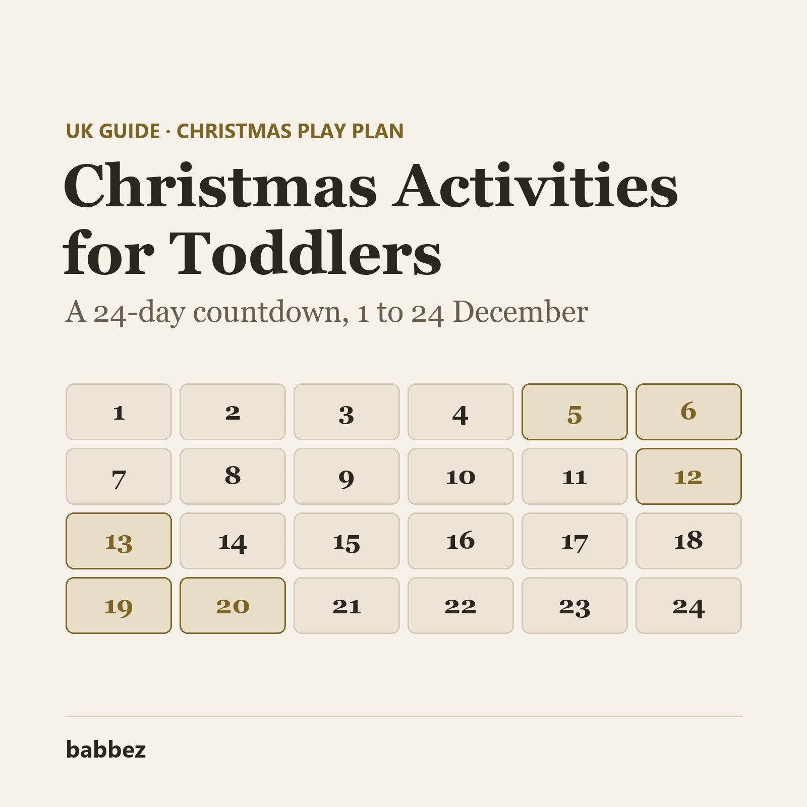 Cream card reading Christmas Activities for Toddlers above a grid of 24 numbered countdown boxes and the babbez logo