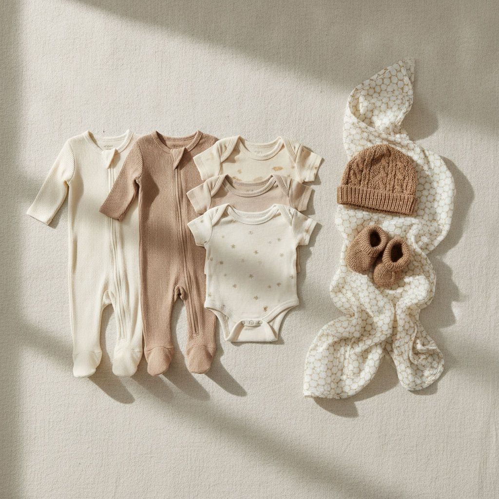 Flat-lay of baby clothing - baby-clothes-registry-checklist