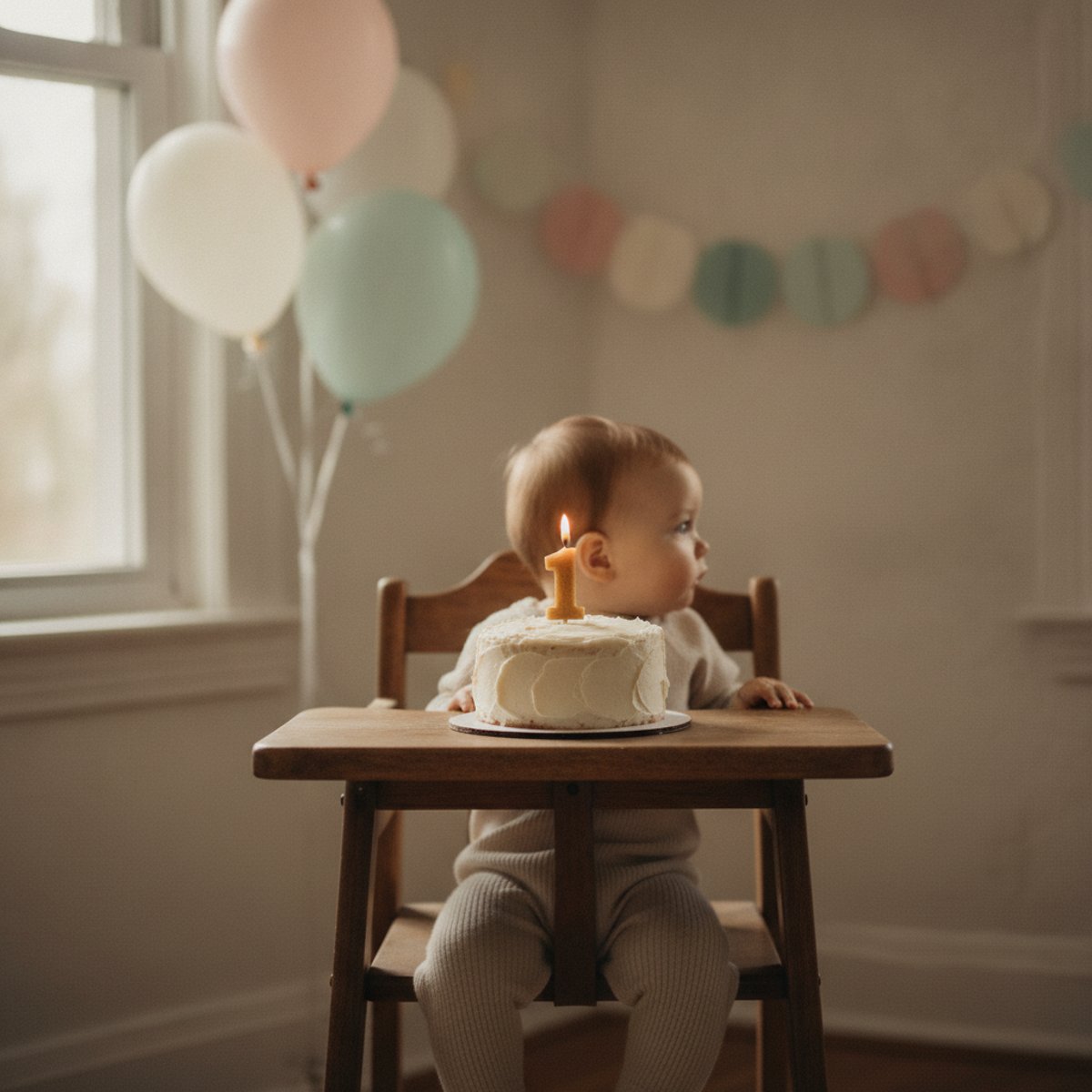 A small smash cake topped with a single unlit number-one candle on a highchair tray, with a few pastel balloons and a paper garland in a cozy living room.