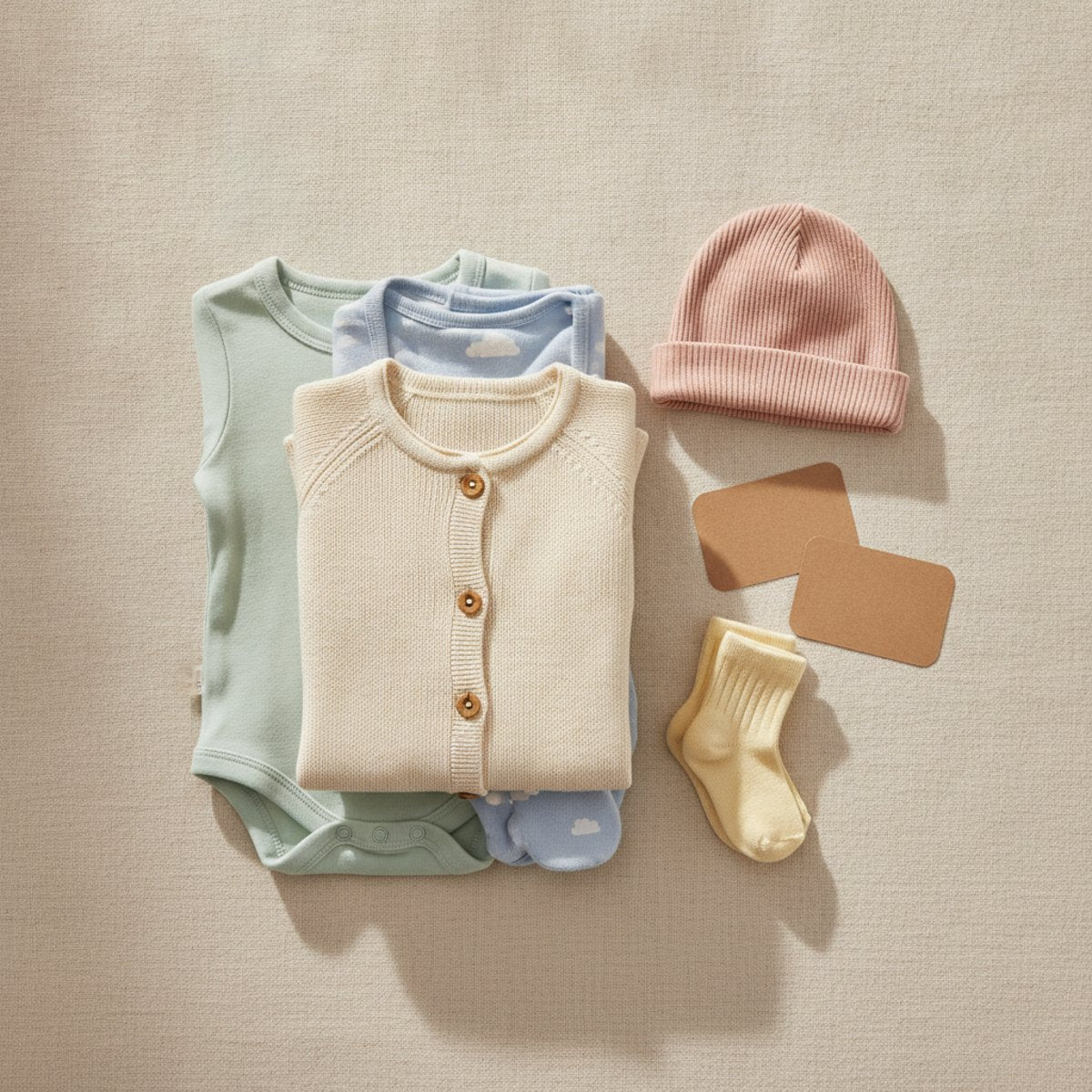 A folded stack of pastel baby clothes on cream linen with a few small blank paper tag cards beside it.