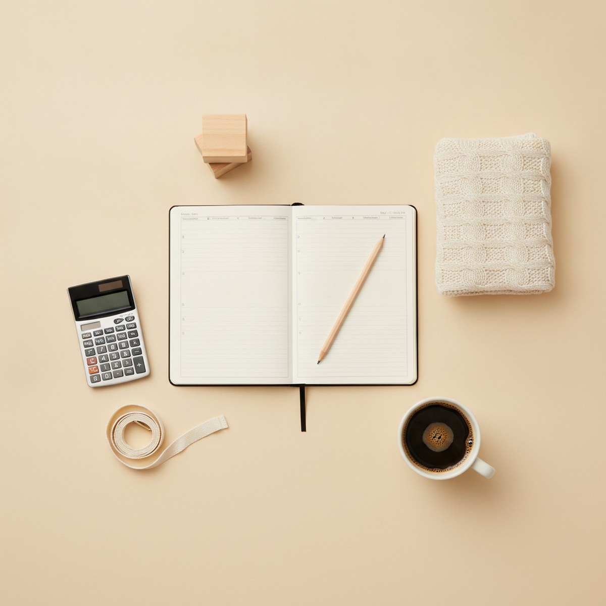 Blank weekly planner, pencil and calculator on a table beside a house key, wooden toy blocks and a folded baby blanket