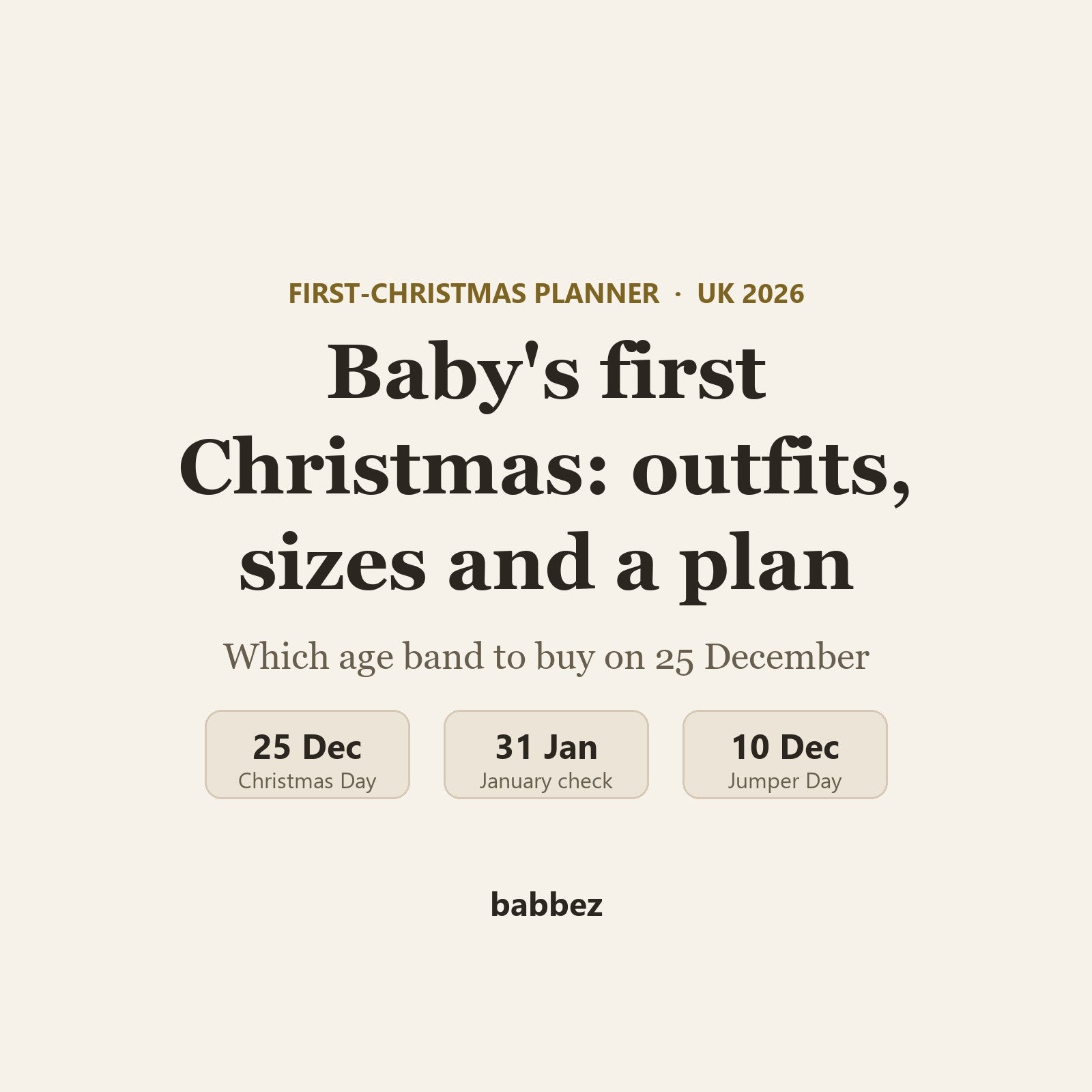 Cream text card: baby's first Christmas outfits, sizes and a plan, with date tiles for 25 Dec, 31 Jan and 10 Dec
