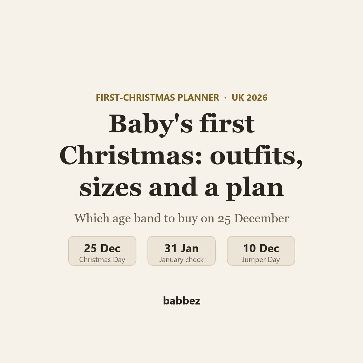 Cream text card: baby's first Christmas outfits, sizes and a plan, with date tiles for 25 Dec, 31 Jan and 10 Dec