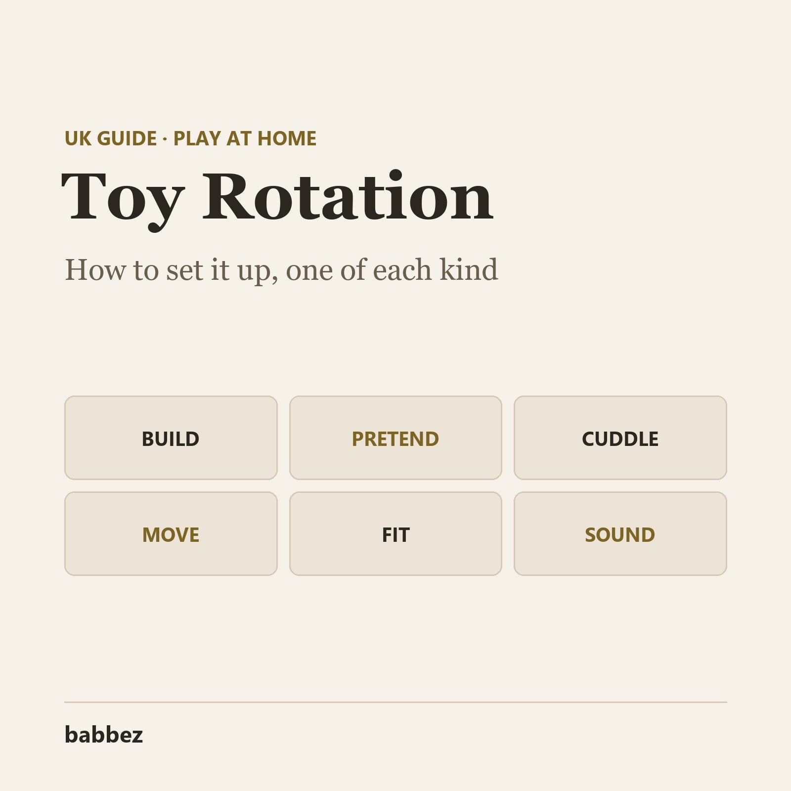 Cream card reading Toy Rotation, how to set it up, above six tiles for the kinds of toy and the babbez logo