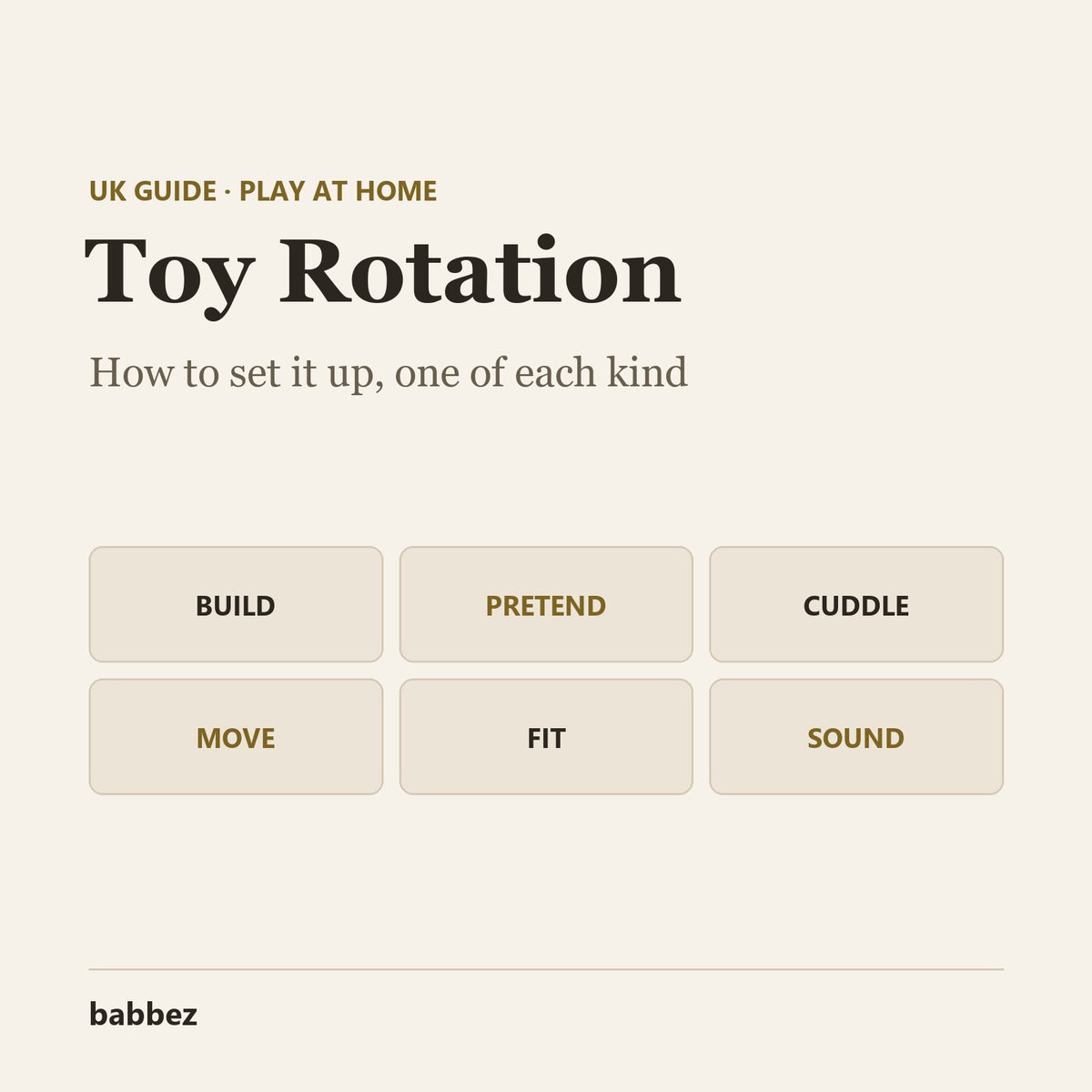 Cream card reading Toy Rotation, how to set it up, above six tiles for the kinds of toy and the babbez logo