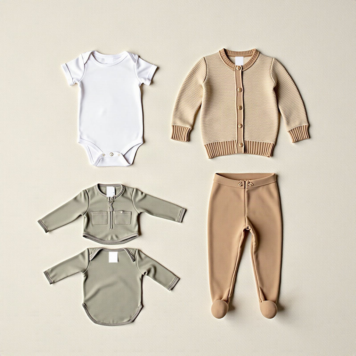 A small set of baby basics: a white bodysuit, a knit cardigan, two sage long-sleeve tops and tan footed pants