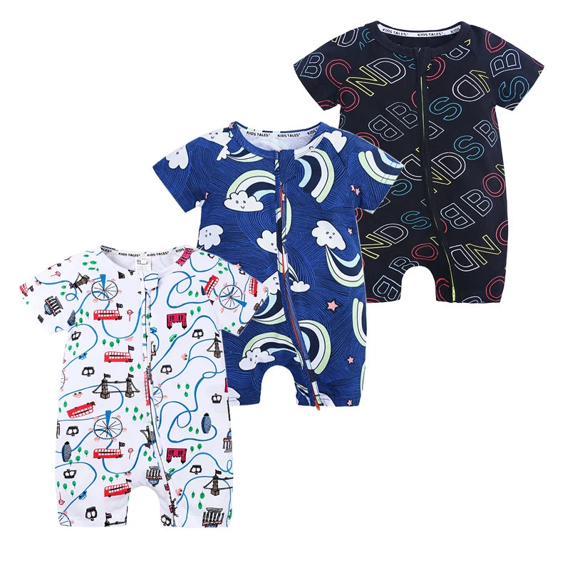 3PCS 100% Cotton Baby Rompers: Cartoon-Printed Infant Bodysuits for Summer