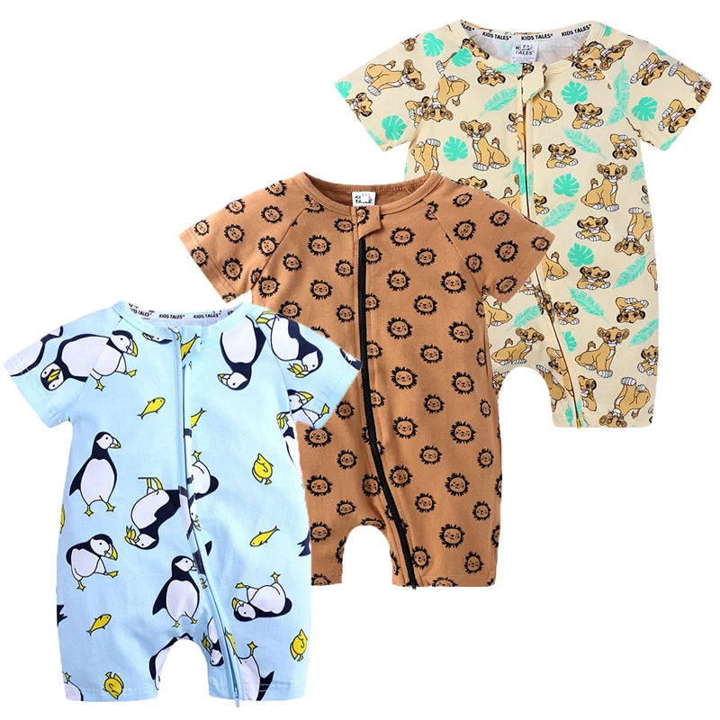 3PCS 100% Cotton Baby Rompers: Cartoon-Printed Infant Bodysuits for Summer