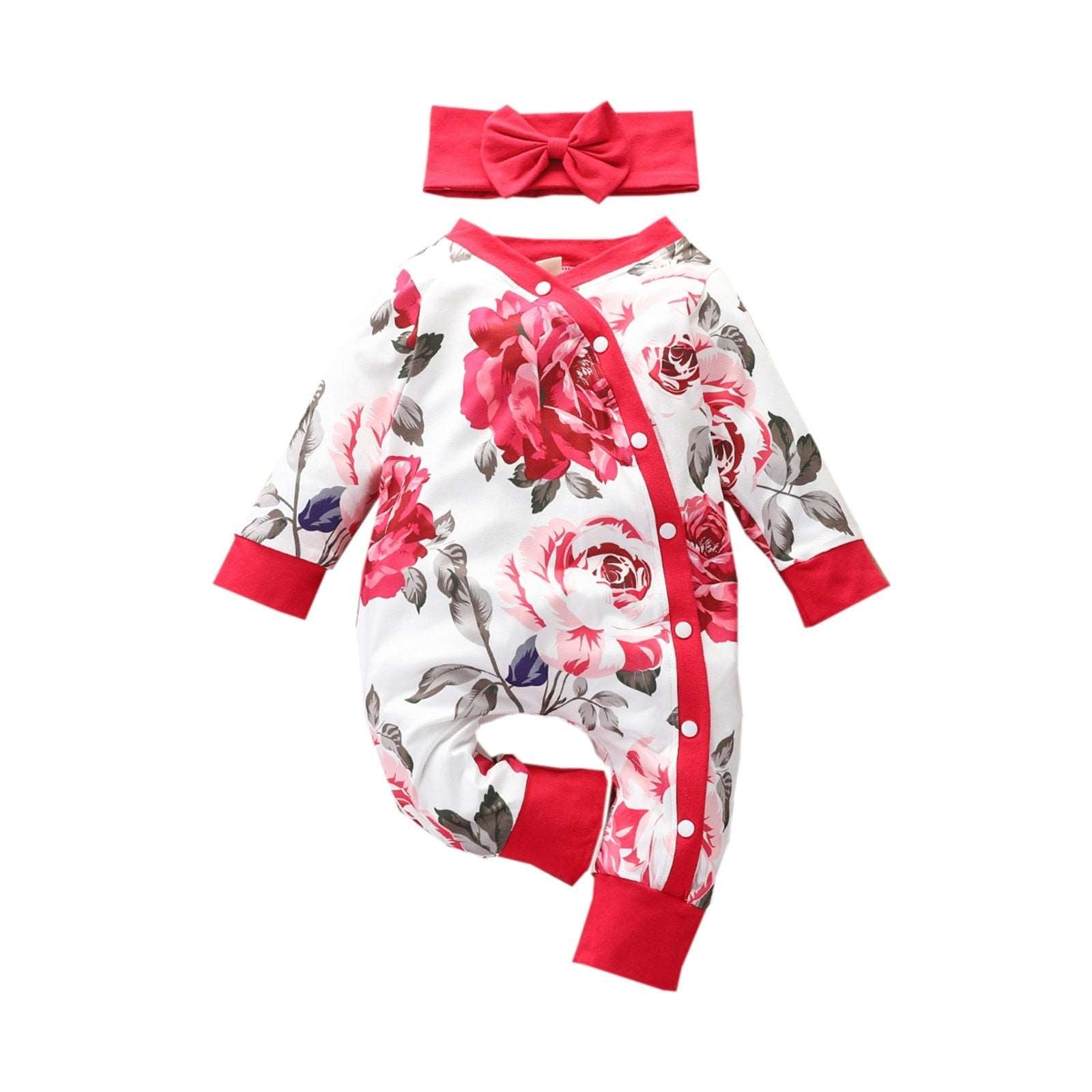 2pcs Flower Print Romper and Headband Set for Toddler Girls - Newborn Baby Outfits for Autumn Casual Wear