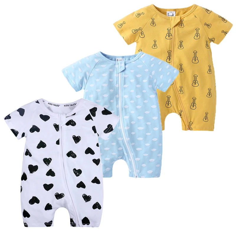 3PCS 100% Cotton Baby Rompers: Cartoon-Printed Infant Bodysuits for Summer