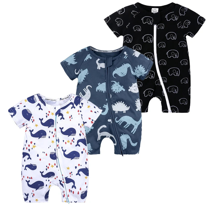 3PCS 100% Cotton Baby Rompers: Cartoon-Printed Infant Bodysuits for Summer