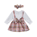 Autumn Baby Girls Plaid Romper Dress with Headband Set