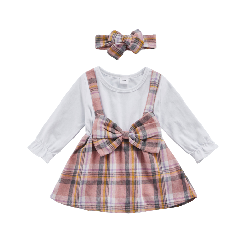 Autumn Baby Girls Plaid Romper Dress with Headband Set