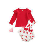 Fashion Infant Baby Girls Clothes for Autumn: Ruffles Knitted Long Sleeve T-shirt and Heart Print Suspender Shorts Set