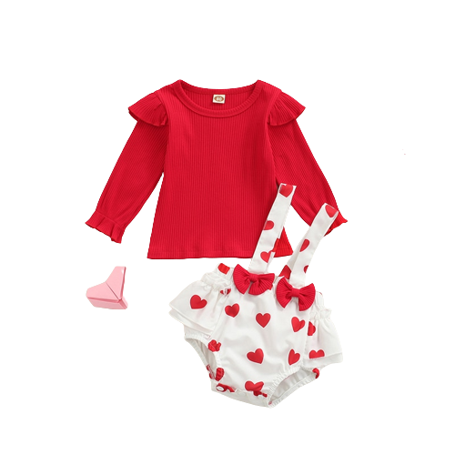 Fashion Infant Baby Girls Clothes for Autumn: Ruffles Knitted Long Sleeve T-shirt and Heart Print Suspender Shorts Set