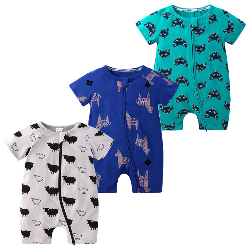 3PCS 100% Cotton Baby Rompers: Cartoon-Printed Infant Bodysuits for Summer