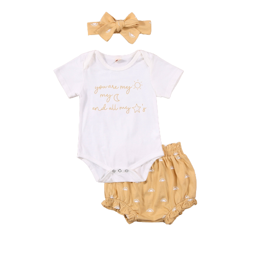 Baby Boys Girls Summer 3pcs Outfits Sets Short Sleeve Letter Print T-shirts+Floral High Waist Shorts+Headband Soft Outfits