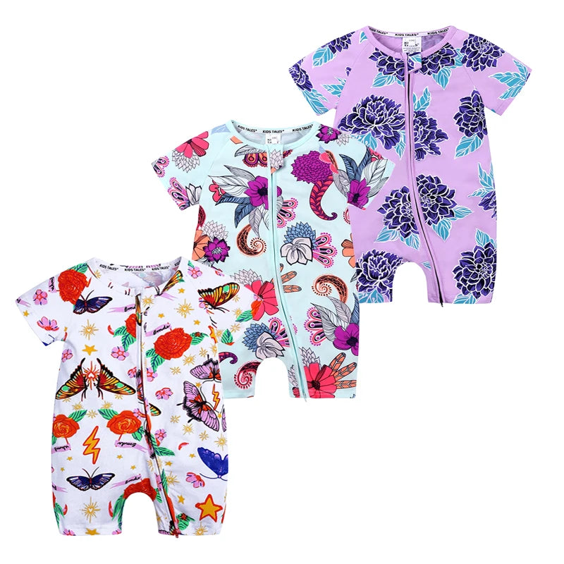 3PCS 100% Cotton Baby Rompers: Cartoon-Printed Infant Bodysuits for Summer