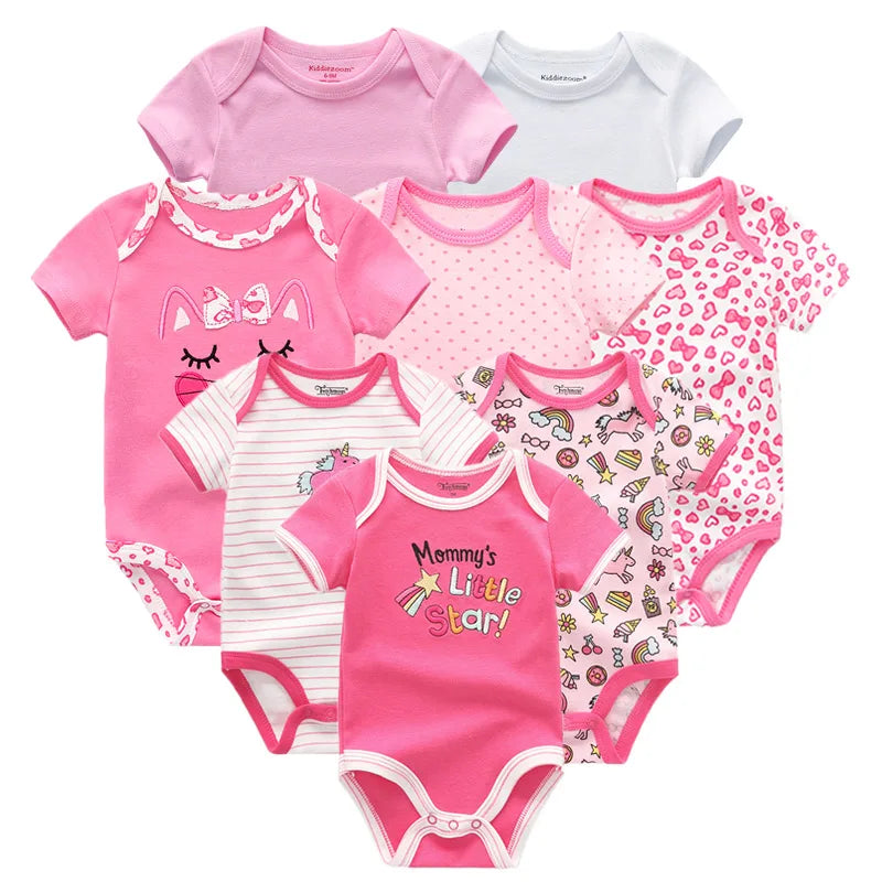 8Pcs/lots Baby Girls Rompers Newborn Cotton Baby Boy Clothes Short Sleeve Print Roupas De Bebe Infantil Jumpsuit