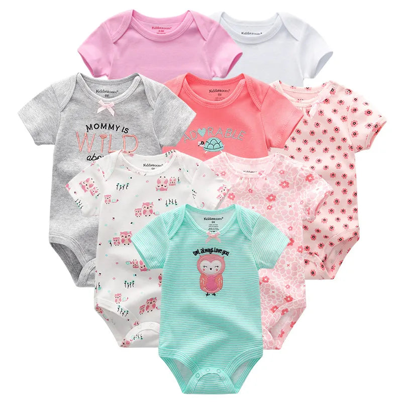 8Pcs/lots Baby Girls Rompers Newborn Cotton Baby Boy Clothes Short Sleeve Print Roupas De Bebe Infantil Jumpsuit