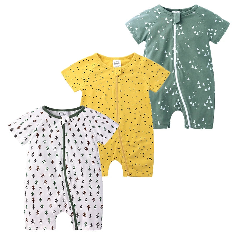 3PCS 100% Cotton Baby Rompers: Cartoon-Printed Infant Bodysuits for Su