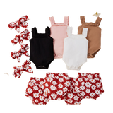 Solid Knitting Sleeveless Bodysuits Flower Shorts Headband 3Pcs Newborn Baby Girls Clothes Set