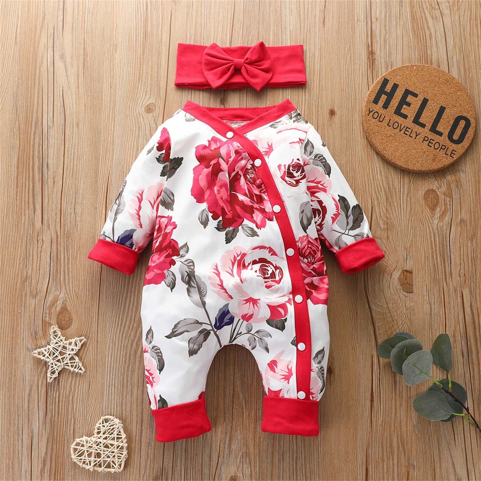 2pcs Flower Print Romper and Headband Set for Toddler Girls - Newborn Baby Outfits for Autumn Casual Wear
