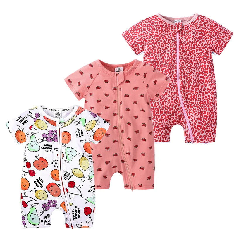 3PCS 100% Cotton Baby Rompers: Cartoon-Printed Infant Bodysuits for Summer