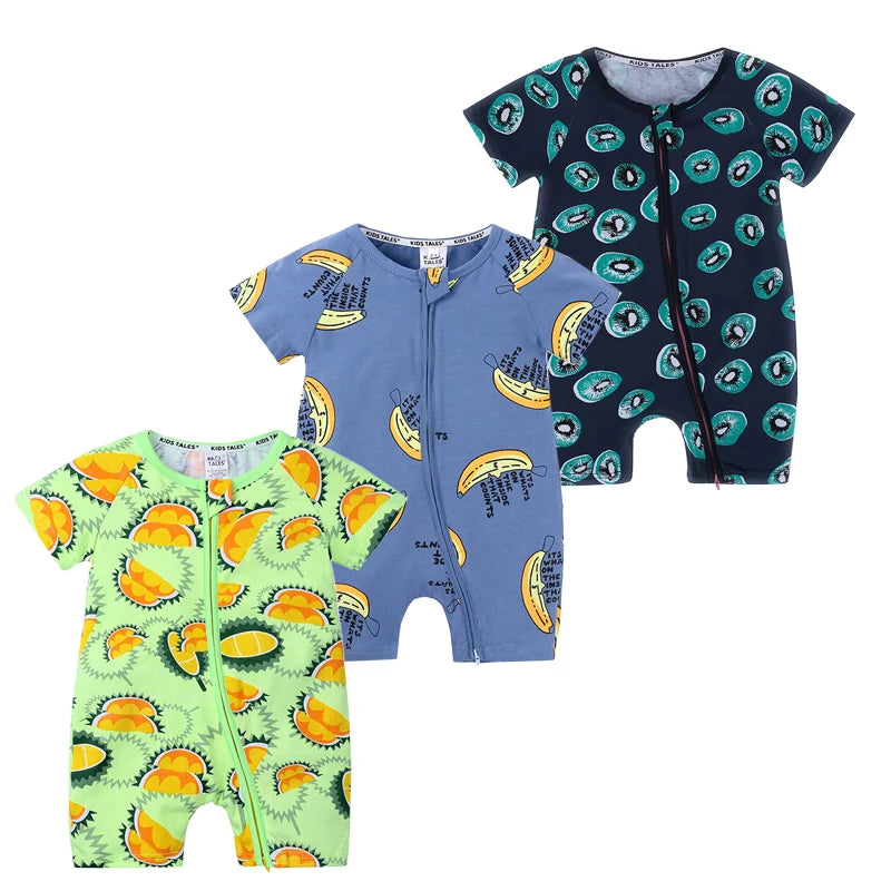 3PCS 100% Cotton Baby Rompers: Cartoon-Printed Infant Bodysuits for Summer